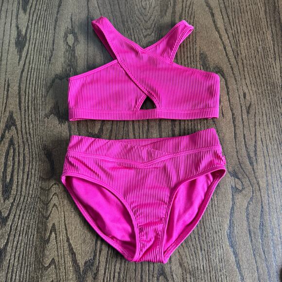 Abercrombie Kid Girls Hot Pink Ribbed 2PC Criss Cross Bikini Swim Suit Size 9/10 - Picture 1 of 8